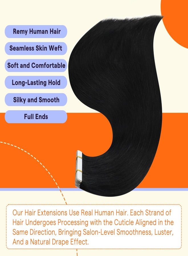 فشاين وصلات شعر طبيعي أسود لامع بالكامل، طول 24 بوصة، لون أسود فاحم، وصلات شعر طبيعي ناعم غير مرئية، 20 قطعة، 50 غرام، وصلات شعر ريمي منسوجة بدون خياطة، تضيف طولاً - Image 2